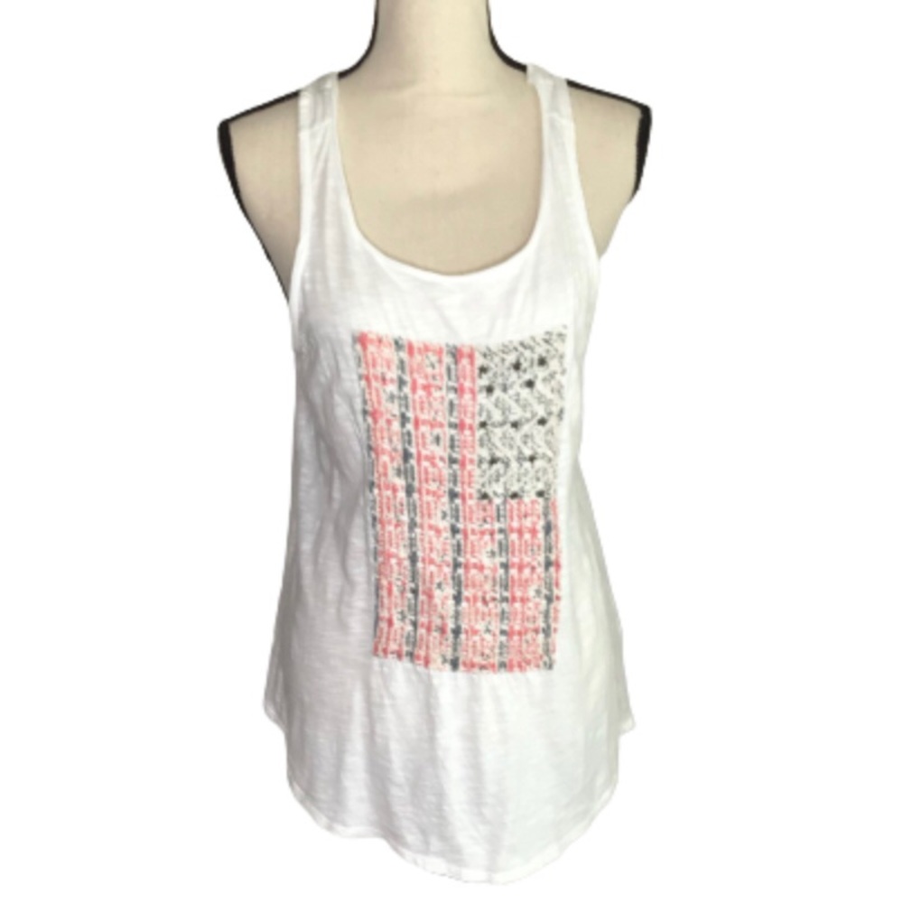 Lucky Brand White Embroidered American Flag Racerback Top Large